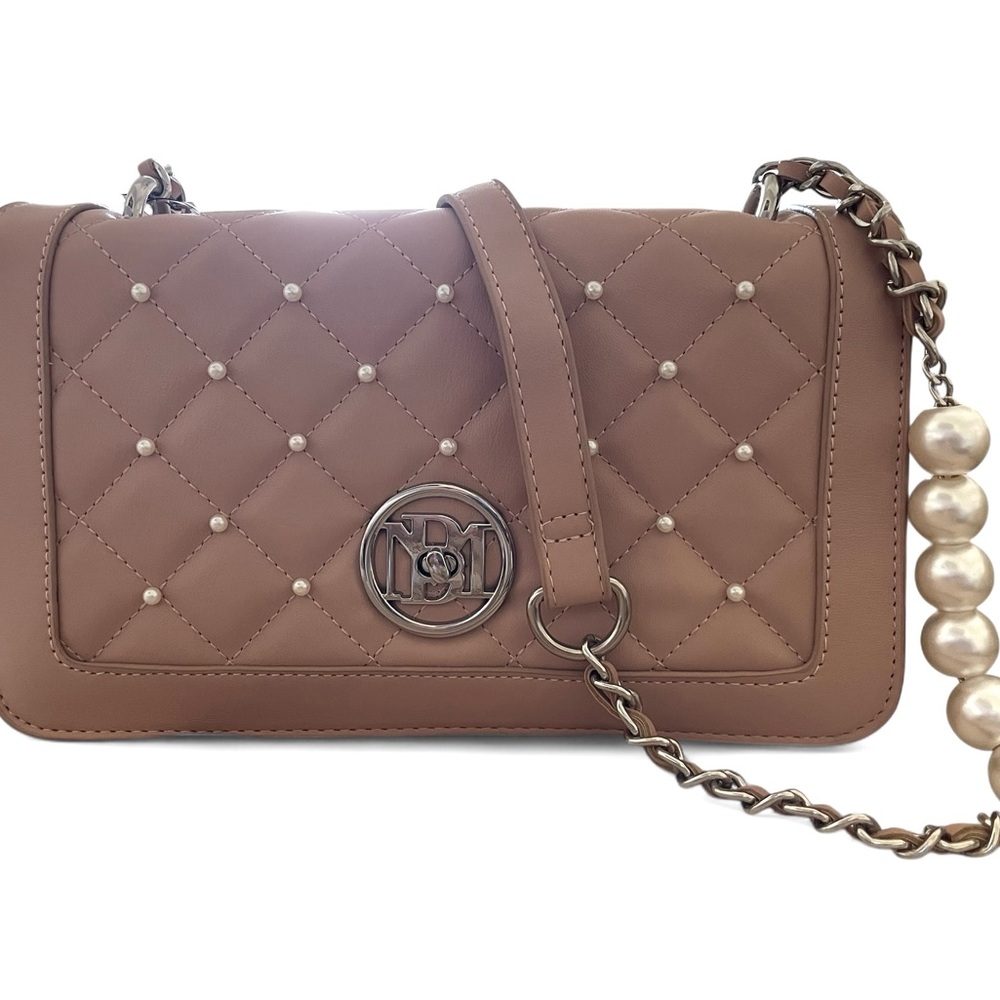 BADGLEY MISCHKA Vegan Leather Blush Pink Crossbody Bag with Faux Pearl Strap